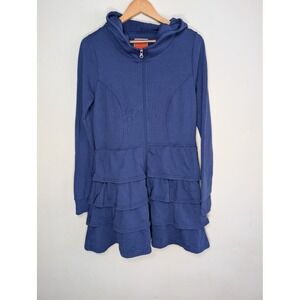 ModCloth Blue Ruffle Tiered Hooded Zip Up Jacket Dress L Vintage Inspired